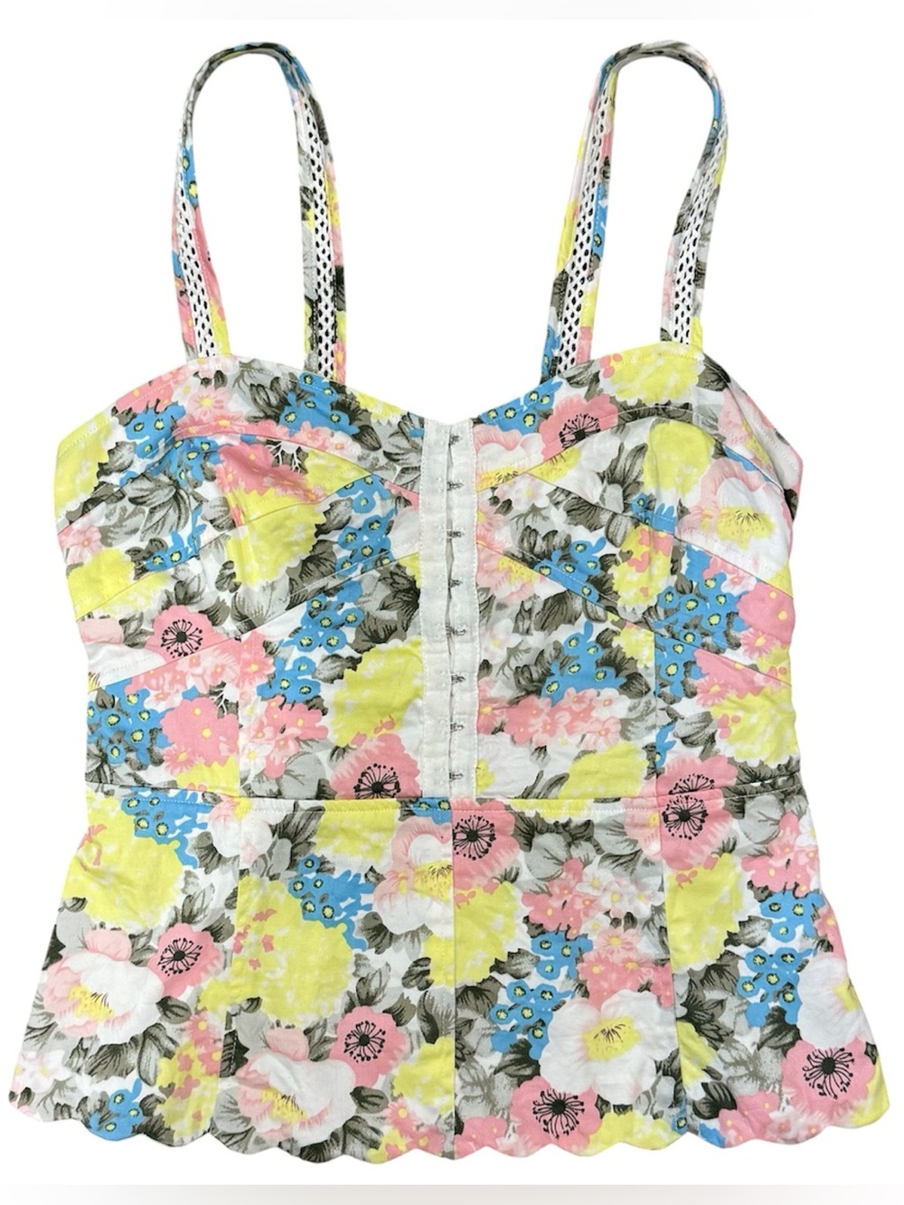 Free People Scallop Hem Floral Bustier Top Sz 6 Pink Yellow Blue Cottagecore Y2K